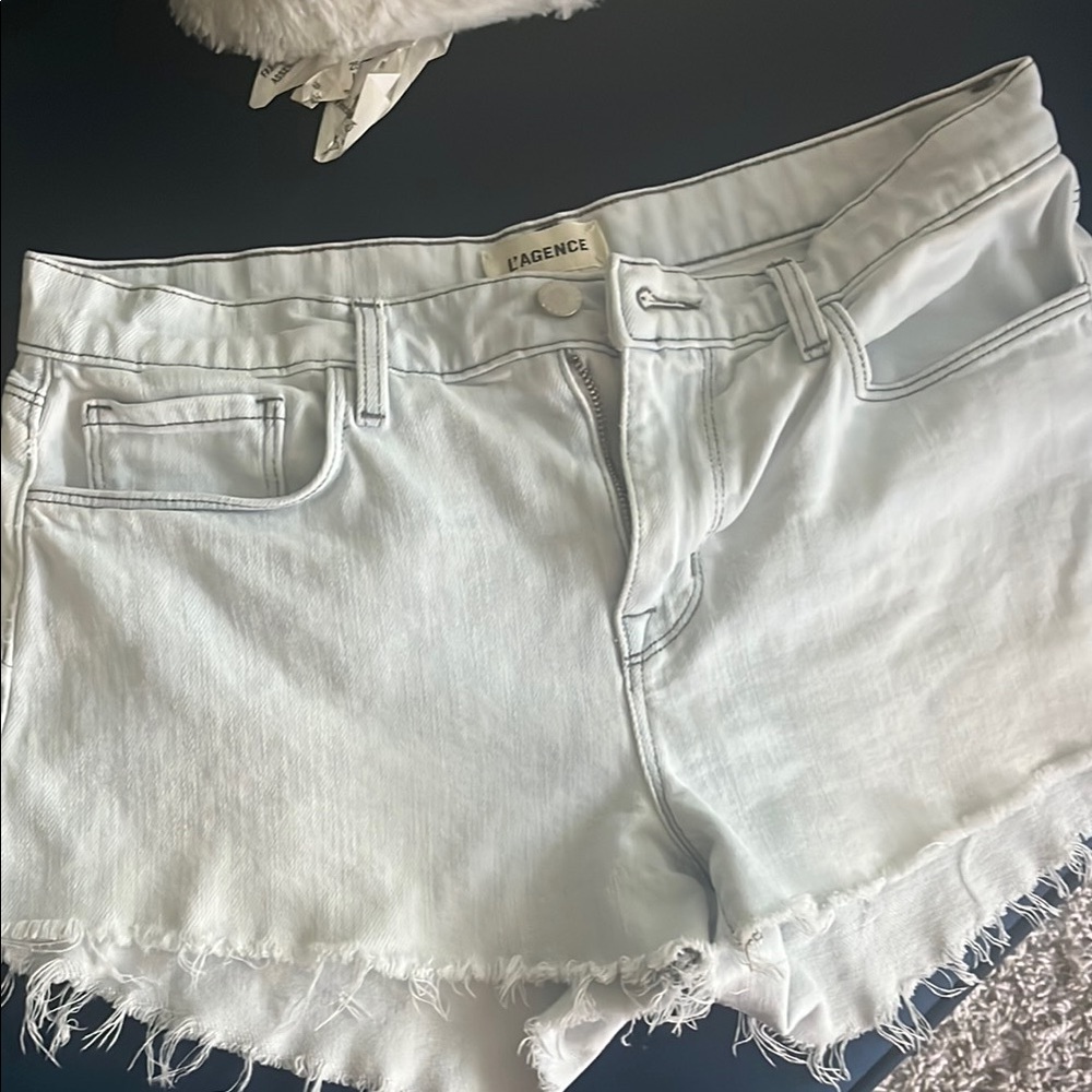 L'AGENCE Blue Jean Shorts Distressed Frayed Hem